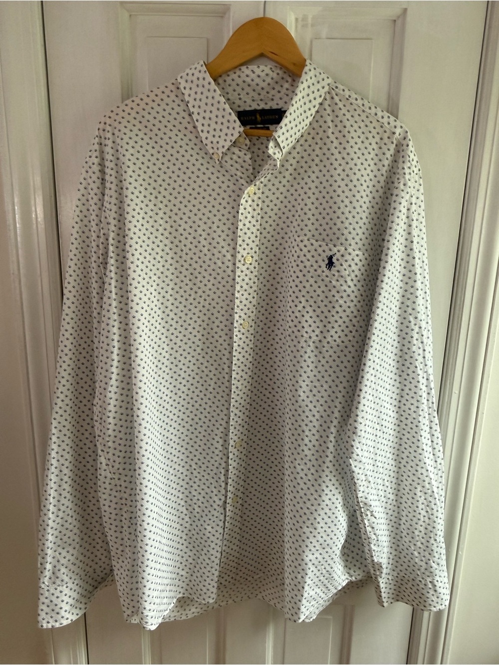 Ralph Lauren White Button-Down Shirt with Navy Micro-Dot Pattern